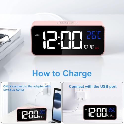 CHEREEKI Alarm Clock, Digital Clock with Temperature Display, Snooze, USB Powered Rechargeable Clock with Dual Alarms for Bedroom, Bedside, Office& Travel