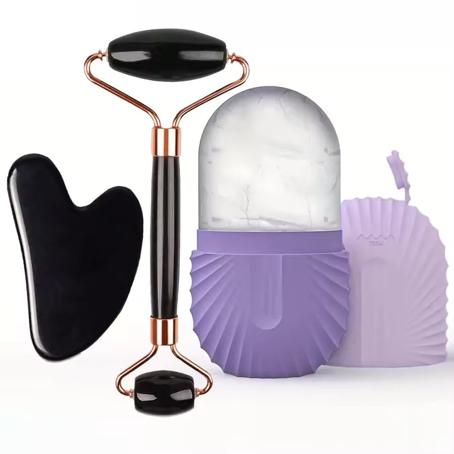 Facial Ice Roller Set – Gousha FaceTool Contour Lift Facial Massage Roller, Black Gua Sha & Ice Globe Massager for Skin Care, Puffiness & Tightening (3pcs Set Purple)