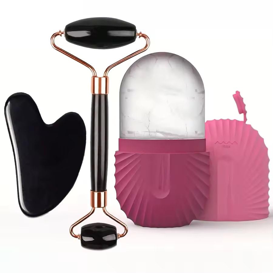 Professional Facial Ice Roller Set - Gousha FaceTool Contour Lift Facial Massage Roller, Black Gua Sha & Ice Globe Massager for Skin Care, Puffiness & Tightening