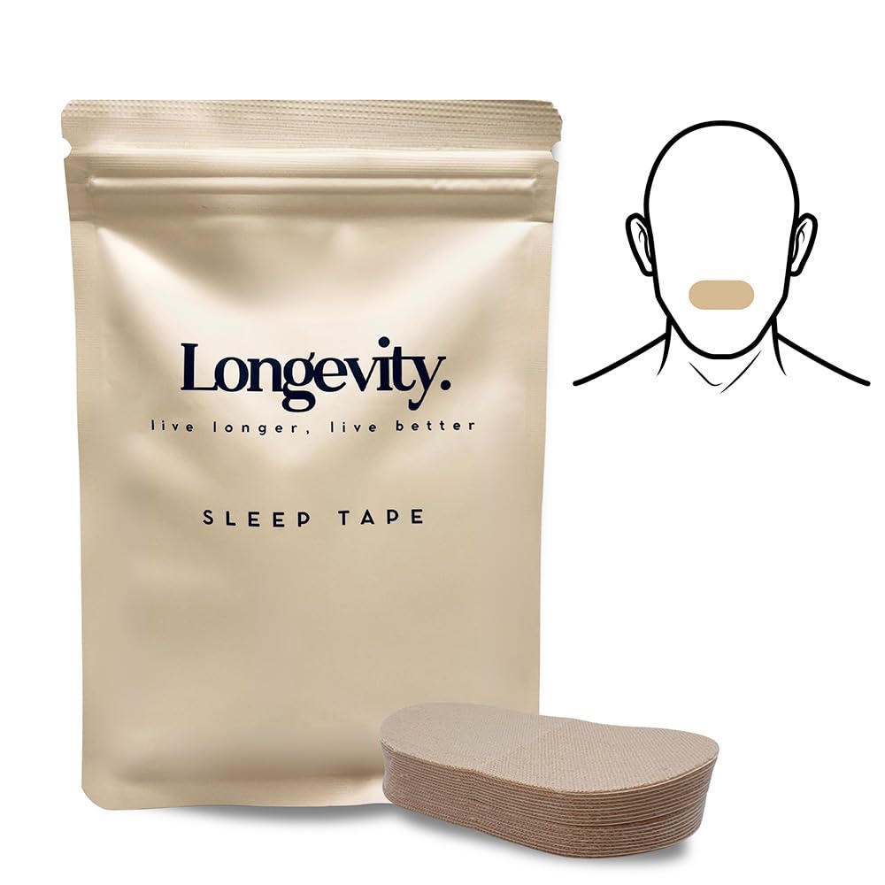 Longevity Sleep Tape - 30 Strips - Dermatologically Tested Mouth Tape for Sleeping, Women and Men - Supports Nasal Breathing and Reduces Snoring - 95% Cotton, Rayon-Free Mouthtape