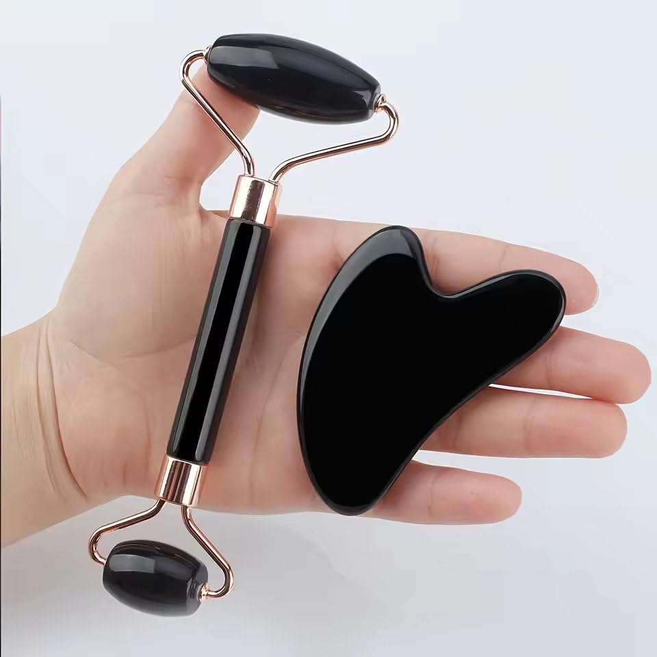 Professional Facial Ice Roller Set - Gousha FaceTool Contour Lift Facial Massage Roller, Black Gua Sha & Ice Globe Massager for Skin Care, Puffiness & Tightening