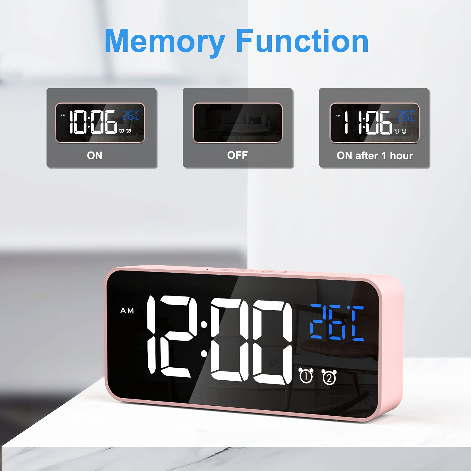 CHEREEKI Alarm Clock, Digital Clock with Temperature Display, Snooze, USB Powered Rechargeable Clock with Dual Alarms for Bedroom, Bedside, Office& Travel