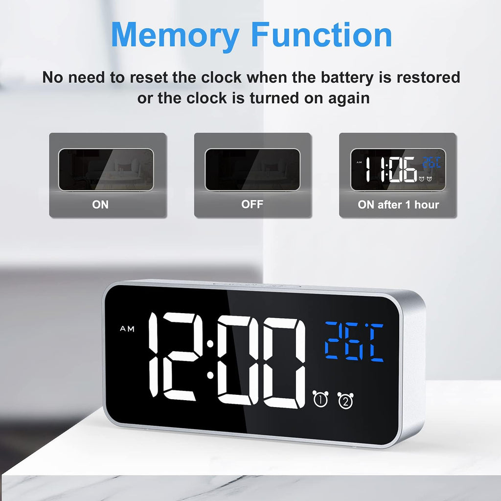 CHEREEKI Alarm Clock, Digital Clock with Temperature Display, Snooze, USB Powered Rechargeable Clock with Dual Alarms for Bedroom, Bedside, Office& Travel
