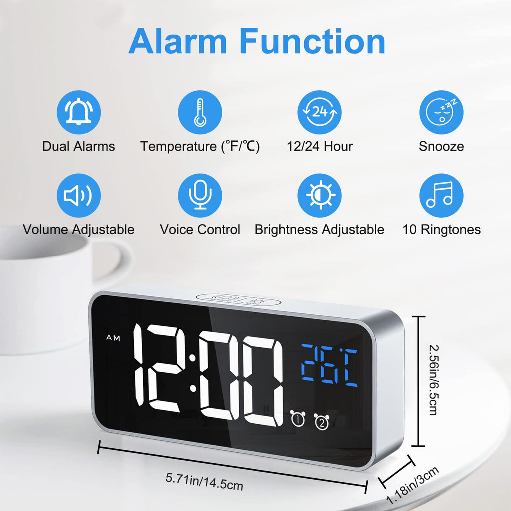CHEREEKI Alarm Clock, Digital Clock with Temperature Display, Snooze, USB Powered Rechargeable Clock with Dual Alarms for Bedroom, Bedside, Office& Travel