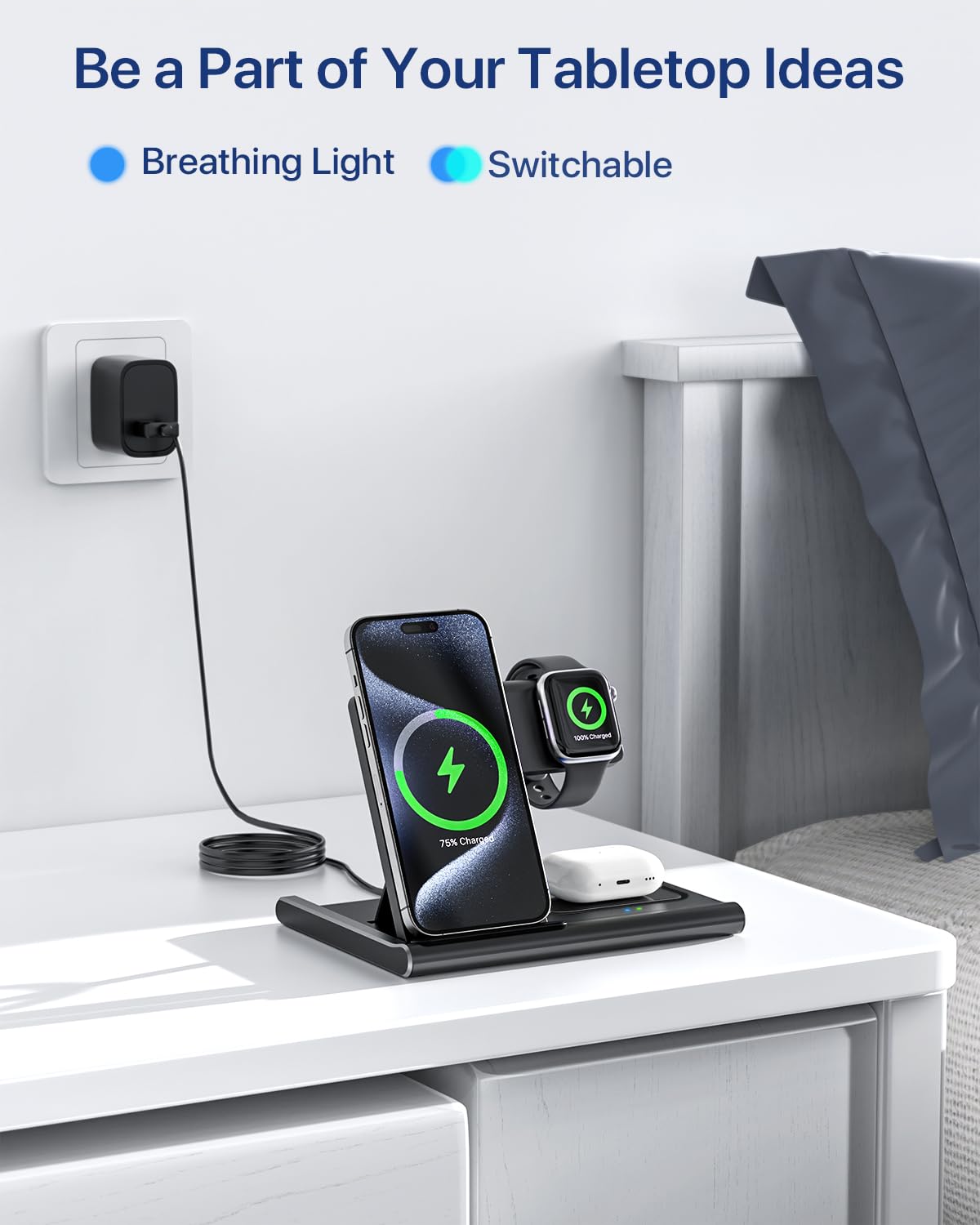 Charging Station,EXW 3 in 1 Wireless Charging Station for iPhone 17/16/15/14/13/12/11/XR/X/8,Fast Wireless Charging Stand for Airpods Pro/3/2 and Apple Watch（No Plug Included)