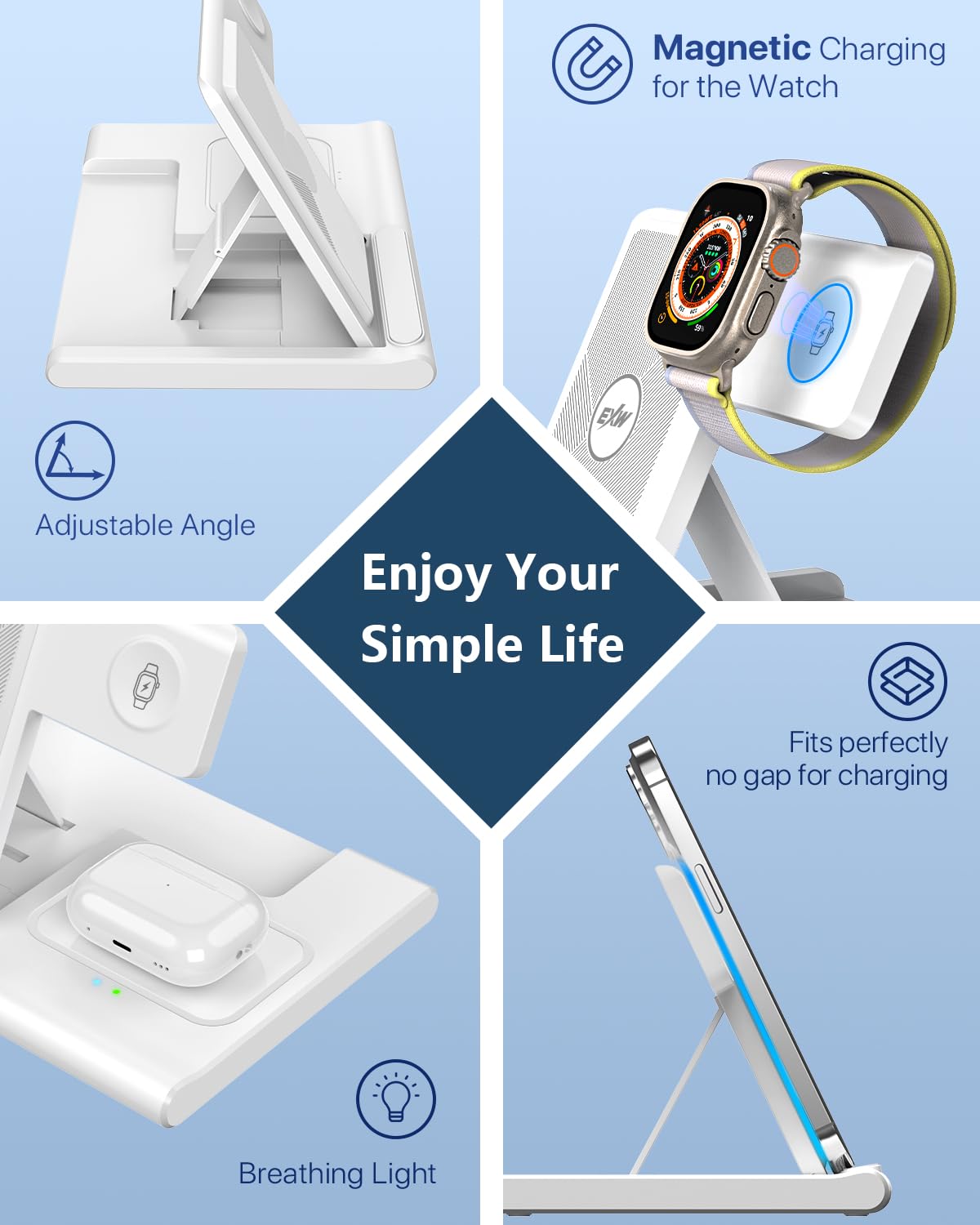 Charging Station,EXW 3 in 1 Wireless Charging Station for iPhone 17/16/15/14/13/12/11/XR/X/8,Fast Wireless Charging Stand for Airpods Pro/3/2 and Apple Watch（No Plug Included)