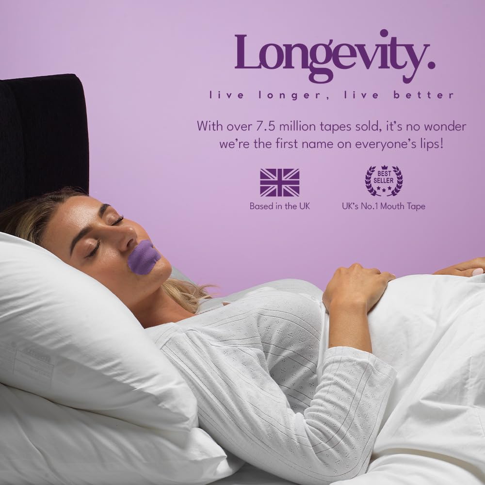 Longevity Sleep Tape - 30 Strips - Dermatologically Tested Mouth Tape for Sleeping, Women and Men - Supports Nasal Breathing and Reduces Snoring - 95% Cotton, Rayon-Free Mouthtape