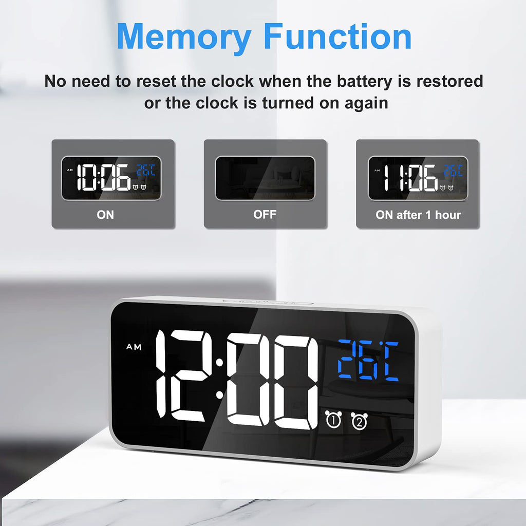 CHEREEKI Alarm Clock, Digital Clock with Temperature Display, Snooze, USB Powered Rechargeable Clock with Dual Alarms for Bedroom, Bedside, Office& Travel