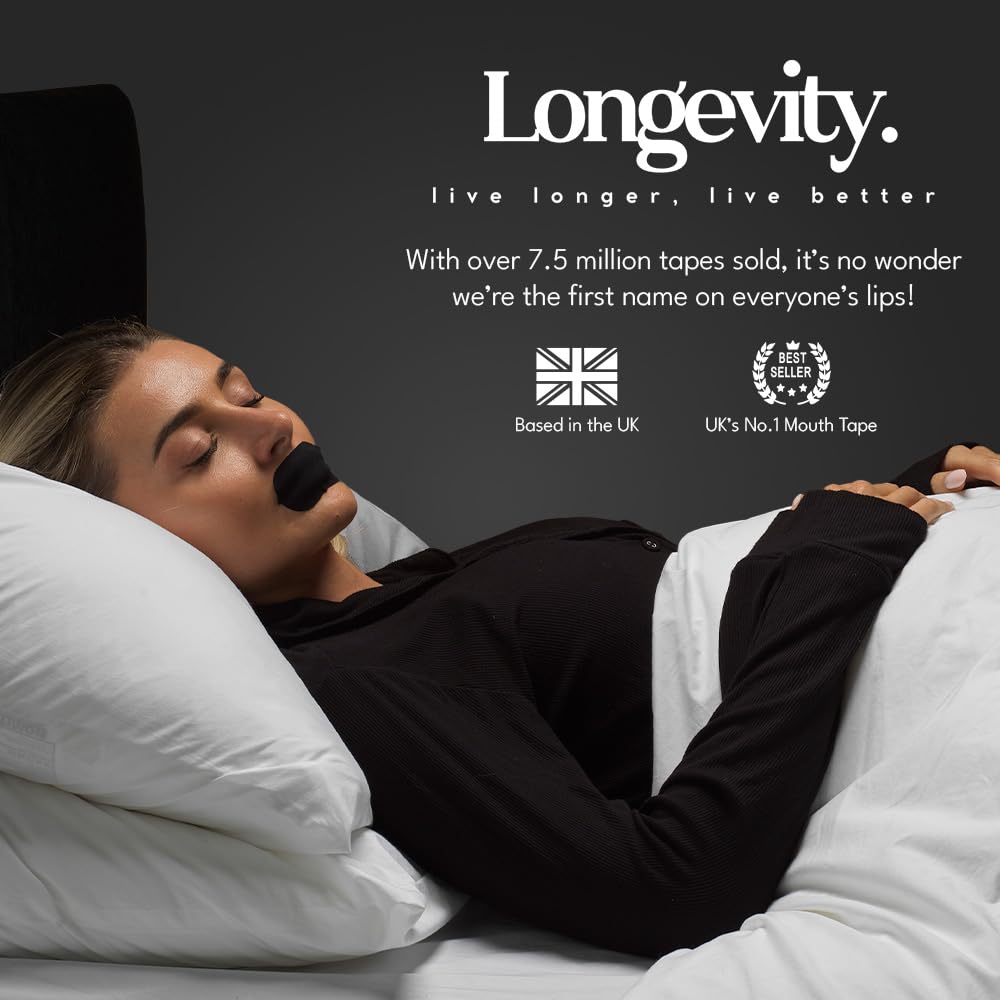 Longevity Sleep Tape - 30 Strips - Dermatologically Tested Mouth Tape for Sleeping, Women and Men - Supports Nasal Breathing and Reduces Snoring - 95% Cotton, Rayon-Free Mouthtape