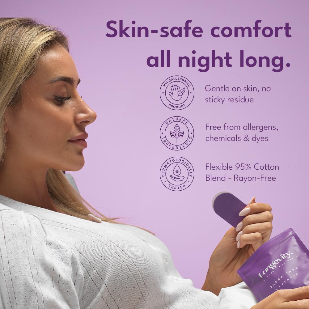 Longevity Sleep Tape - 30 Strips - Dermatologically Tested Mouth Tape for Sleeping, Women and Men - Supports Nasal Breathing and Reduces Snoring - 95% Cotton, Rayon-Free Mouthtape