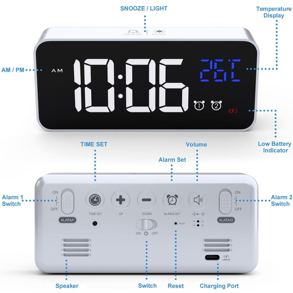 CHEREEKI Alarm Clock, Digital Clock with Temperature Display, Snooze, USB Powered Rechargeable Clock with Dual Alarms for Bedroom, Bedside, Office& Travel