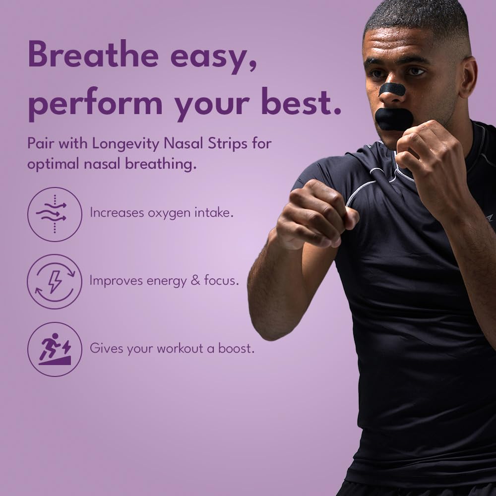 Longevity Sleep Tape - 30 Strips - Dermatologically Tested Mouth Tape for Sleeping, Women and Men - Supports Nasal Breathing and Reduces Snoring - 95% Cotton, Rayon-Free Mouthtape