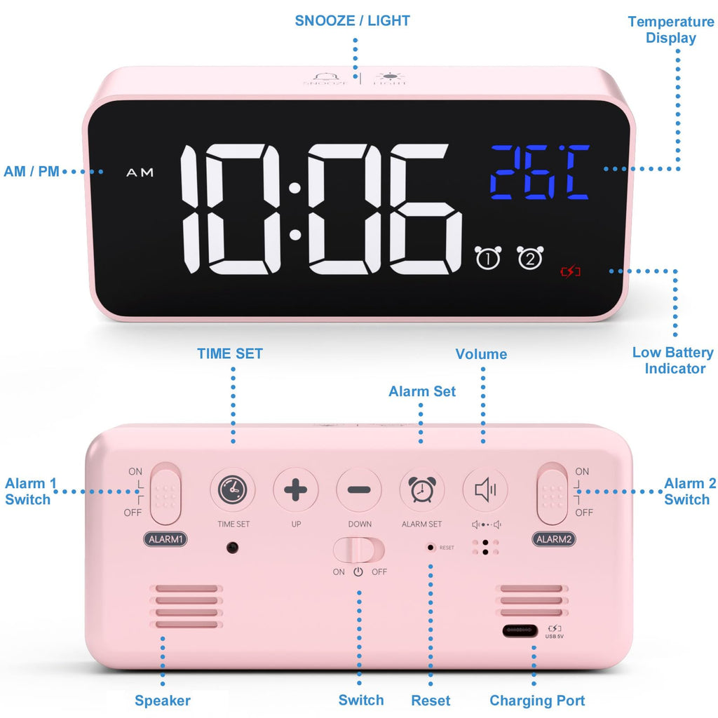 CHEREEKI Alarm Clock, Digital Clock with Temperature Display, Snooze, USB Powered Rechargeable Clock with Dual Alarms for Bedroom, Bedside, Office& Travel