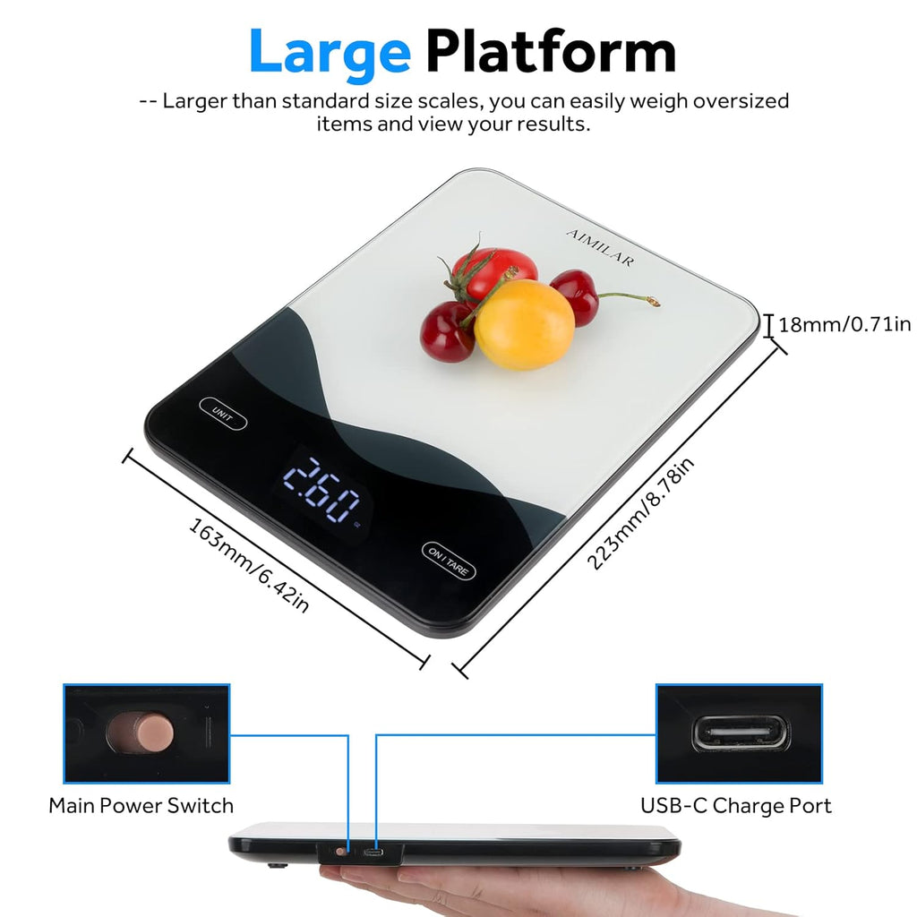 Chargeable Digital Kitchen Food Scale - AIMILAR LED Display 22lb Food Weight Scales for Baking Cooking USB-C Rechargeable Ounces and Grams 1g/0.1oz Tempered Glass