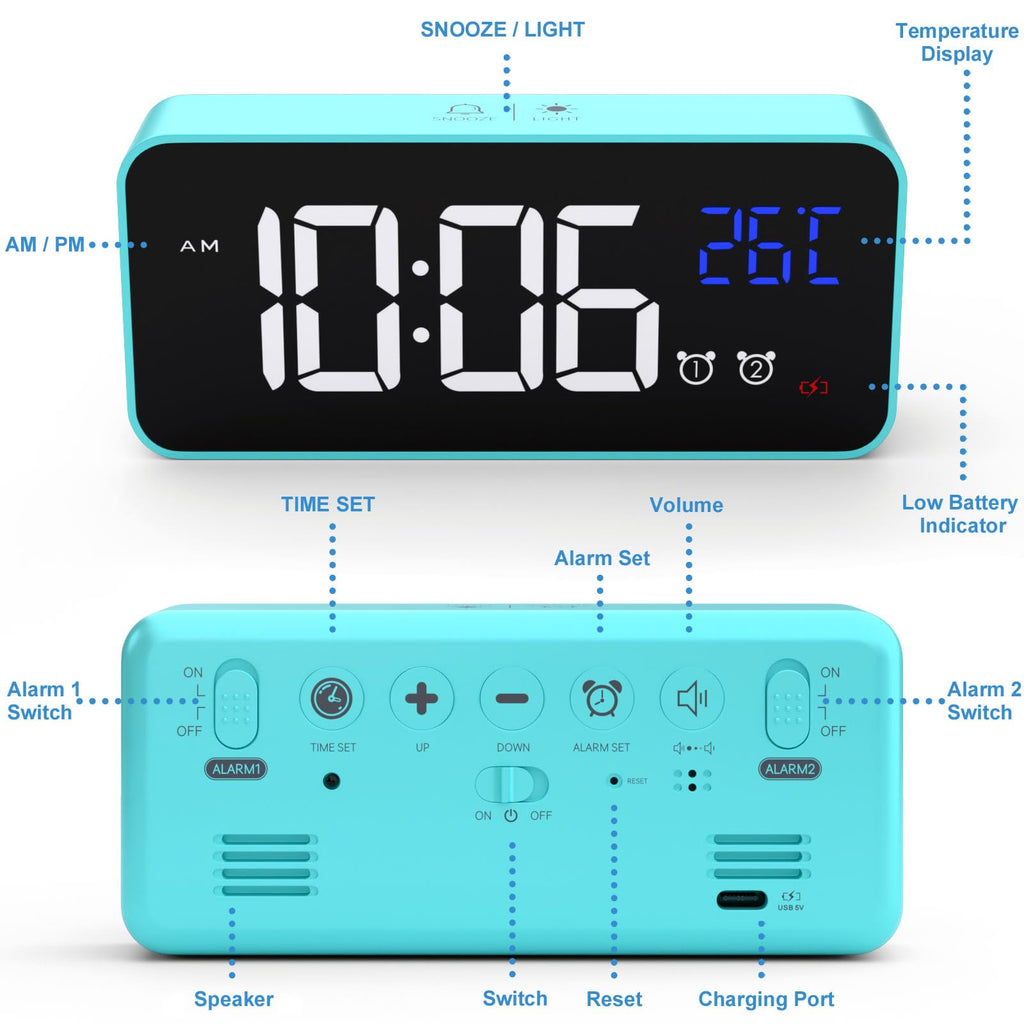 CHEREEKI Alarm Clock, Digital Clock with Temperature Display, Snooze, USB Powered Rechargeable Clock with Dual Alarms for Bedroom, Bedside, Office& Travel