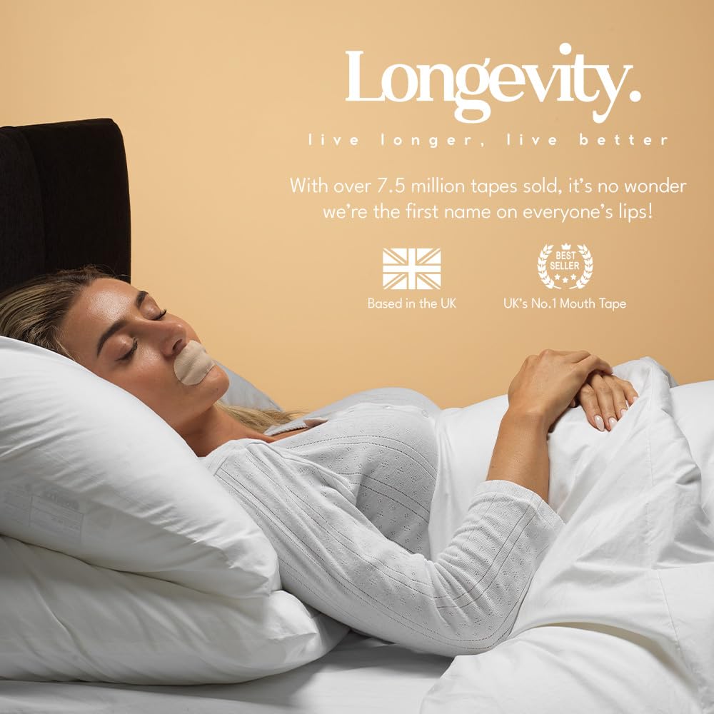 Longevity Sleep Tape - 30 Strips - Dermatologically Tested Mouth Tape for Sleeping, Women and Men - Supports Nasal Breathing and Reduces Snoring - 95% Cotton, Rayon-Free Mouthtape