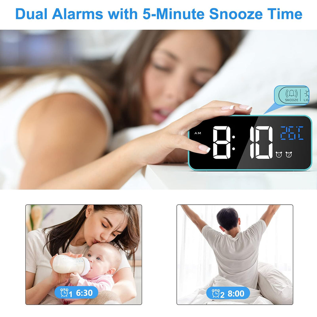 CHEREEKI Alarm Clock, Digital Clock with Temperature Display, Snooze, USB Powered Rechargeable Clock with Dual Alarms for Bedroom, Bedside, Office& Travel