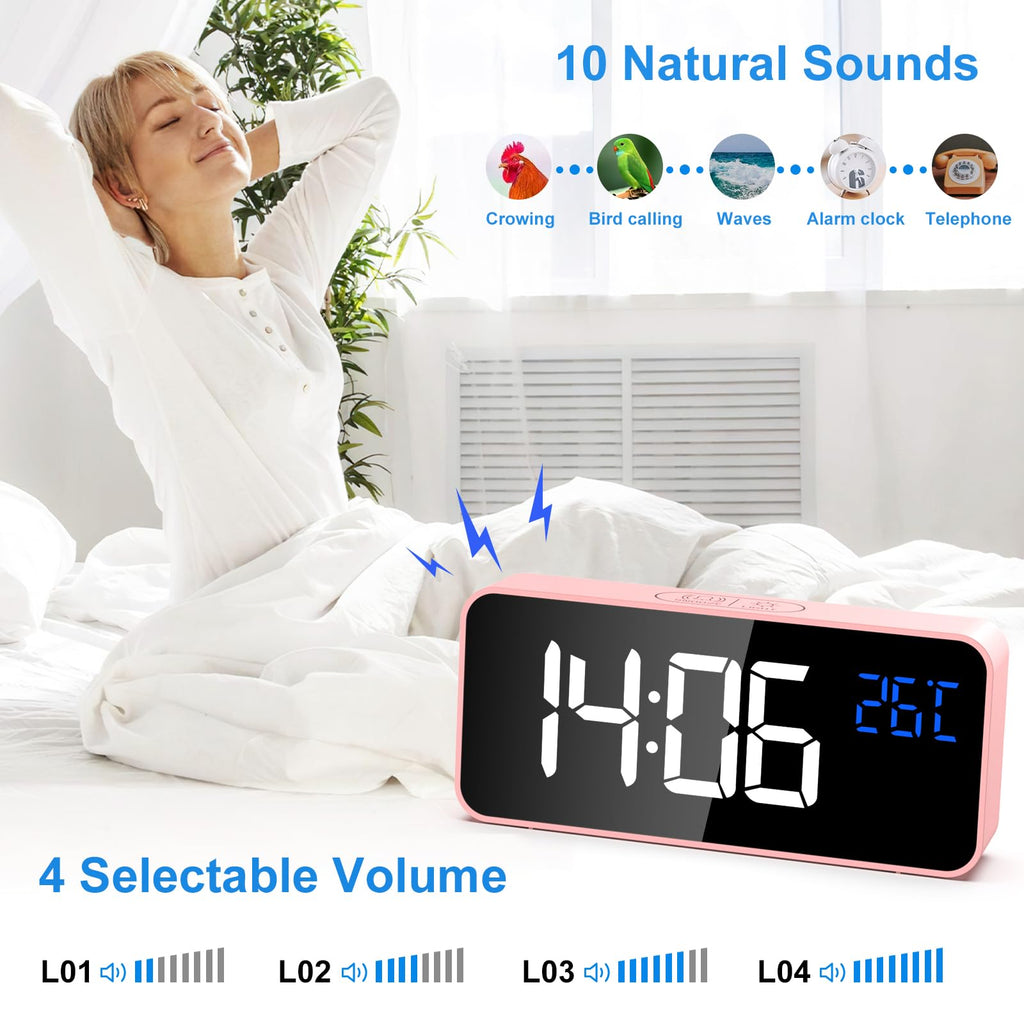 CHEREEKI Alarm Clock, Digital Clock with Temperature Display, Snooze, USB Powered Rechargeable Clock with Dual Alarms for Bedroom, Bedside, Office& Travel