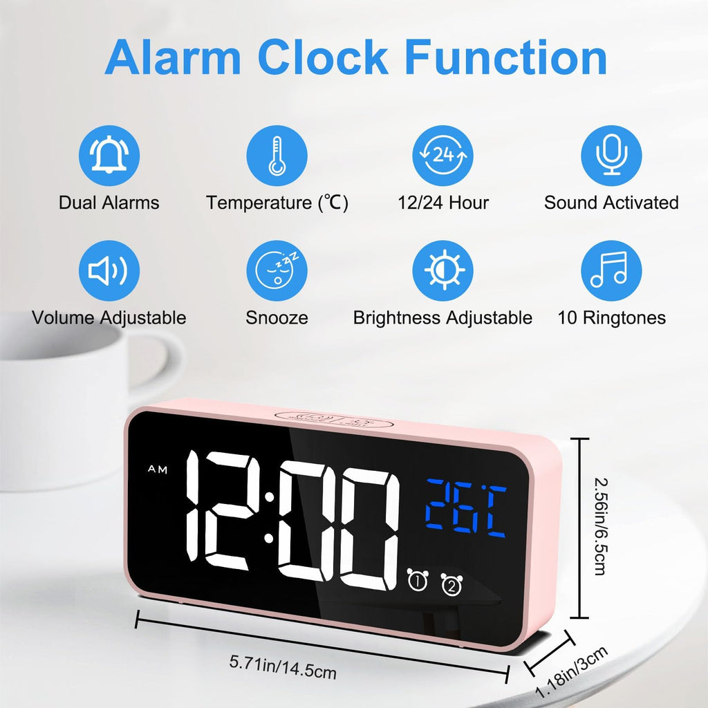 CHEREEKI Alarm Clock, Digital Clock with Temperature Display, Snooze, USB Powered Rechargeable Clock with Dual Alarms for Bedroom, Bedside, Office& Travel