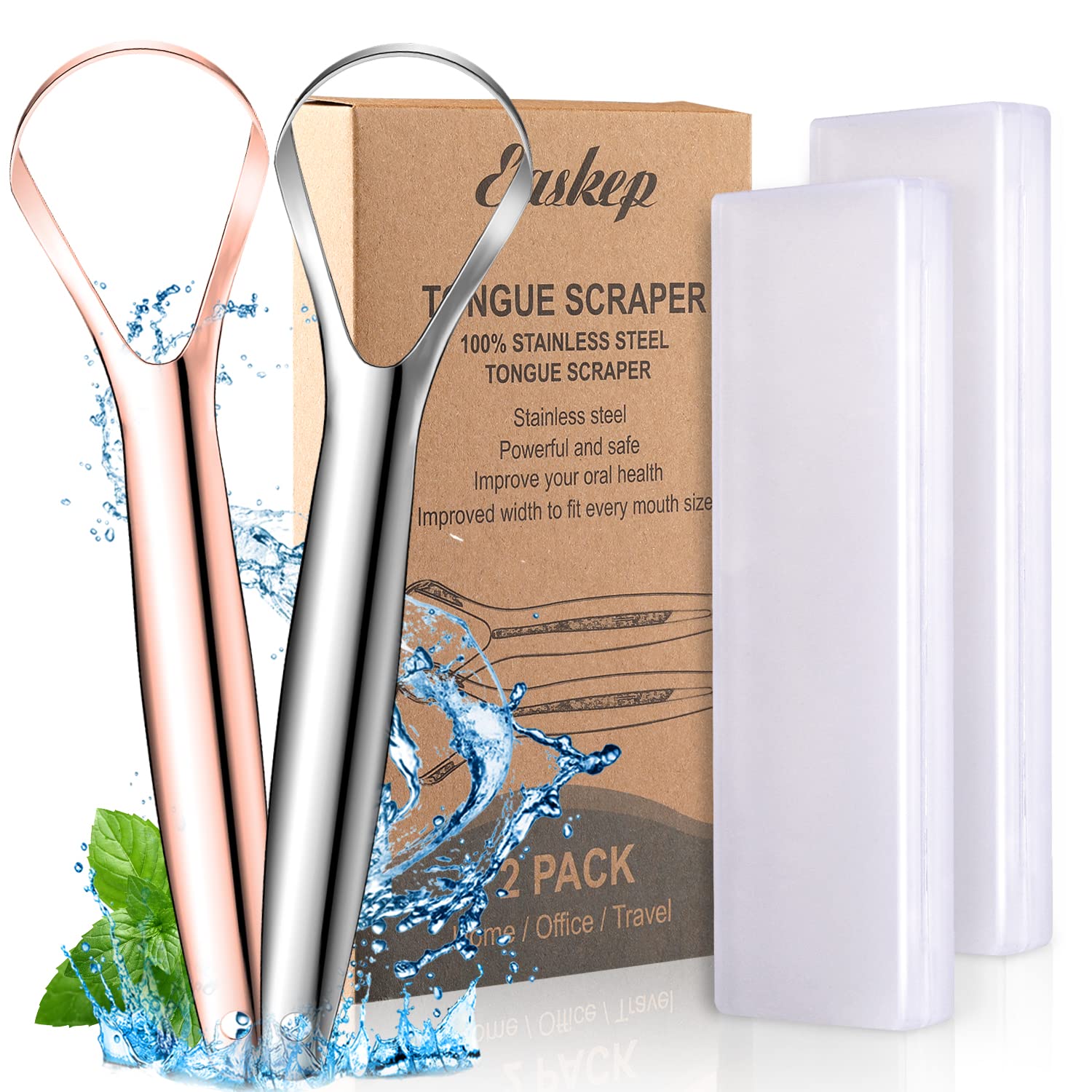 Tongue Scraper (2 Pack), Wide-head Tongue Cleaner with Nice Carrying Box, Easkep 100% Stainless Steel Tongue Scrapers Cleaners, for Men, Women, Adults, Kids, silver