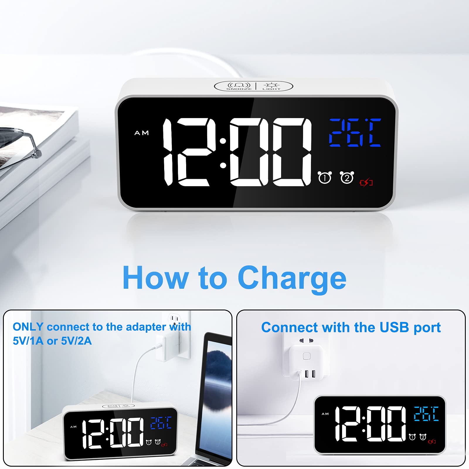 CHEREEKI Alarm Clock, Digital Clock with Temperature Display, Snooze, USB Powered Rechargeable Clock with Dual Alarms for Bedroom, Bedside, Office& Travel