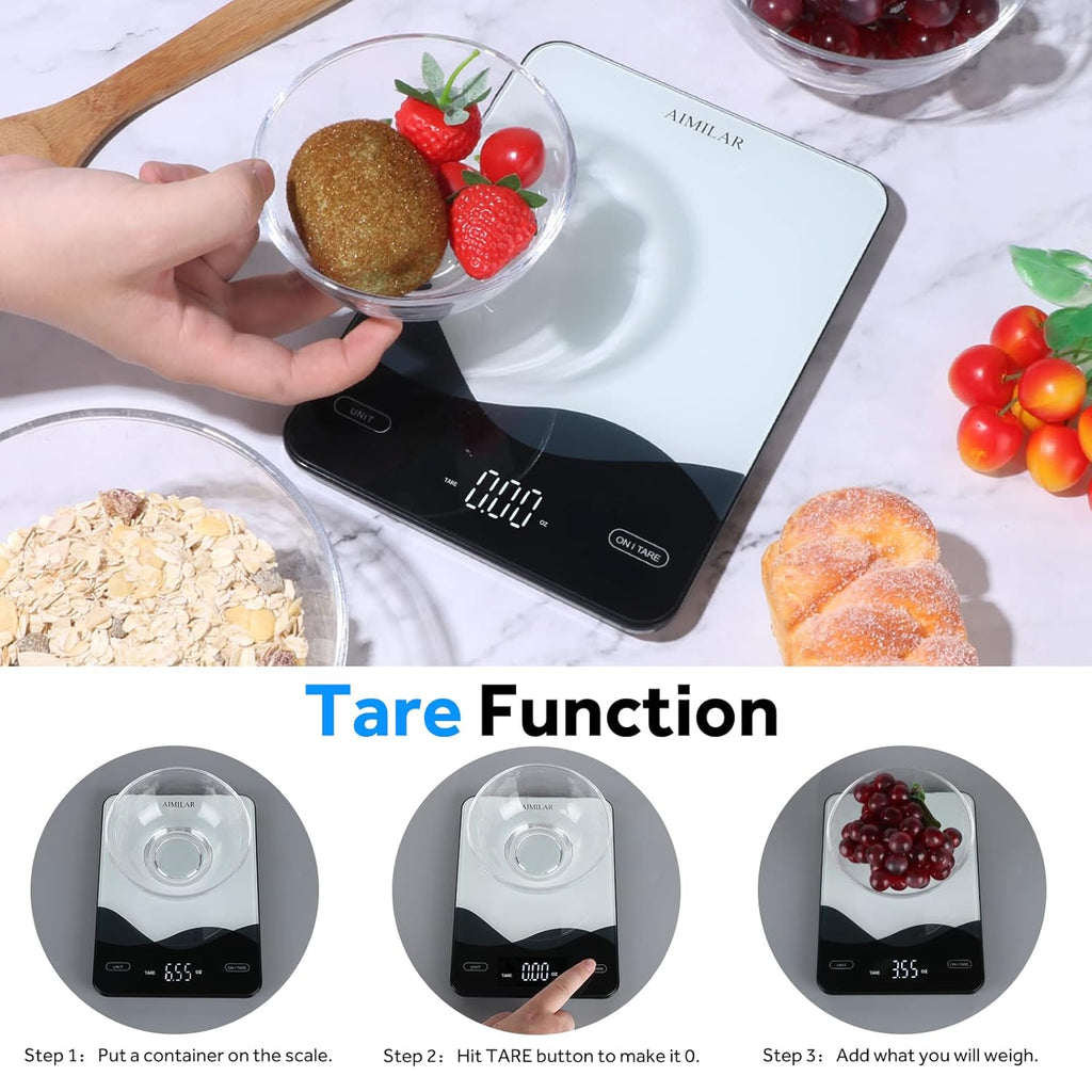 Chargeable Digital Kitchen Food Scale - AIMILAR LED Display 22lb Food Weight Scales for Baking Cooking USB-C Rechargeable Ounces and Grams 1g/0.1oz Tempered Glass