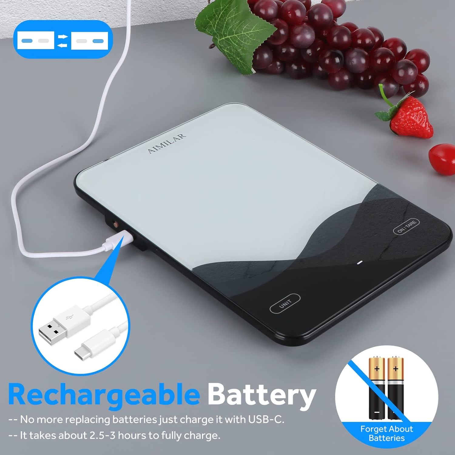 Chargeable Digital Kitchen Food Scale - AIMILAR LED Display 22lb Food Weight Scales for Baking Cooking USB-C Rechargeable Ounces and Grams 1g/0.1oz Tempered Glass
