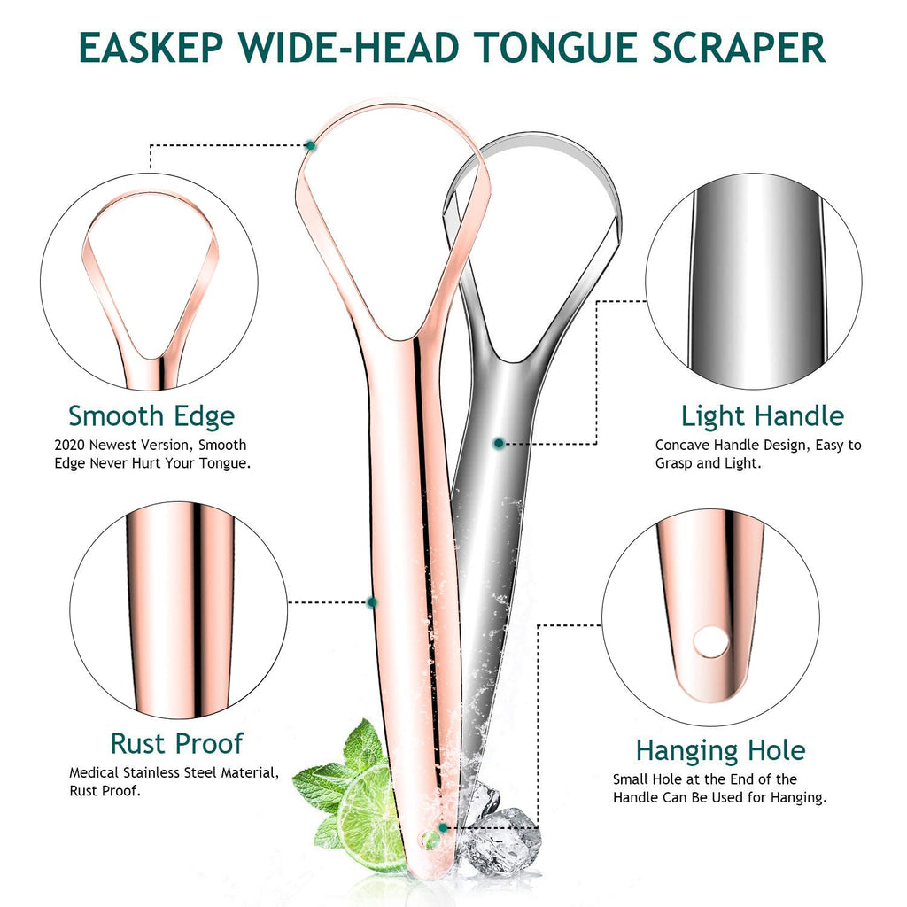 Tongue Scraper (2 Pack), Wide-head Tongue Cleaner with Nice Carrying Box, Easkep 100% Stainless Steel Tongue Scrapers Cleaners, for Men, Women, Adults, Kids, silver