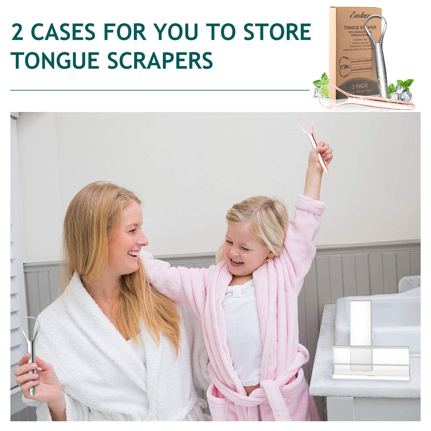 Tongue Scraper (2 Pack), Wide-head Tongue Cleaner with Nice Carrying Box, Easkep 100% Stainless Steel Tongue Scrapers Cleaners, for Men, Women, Adults, Kids, silver