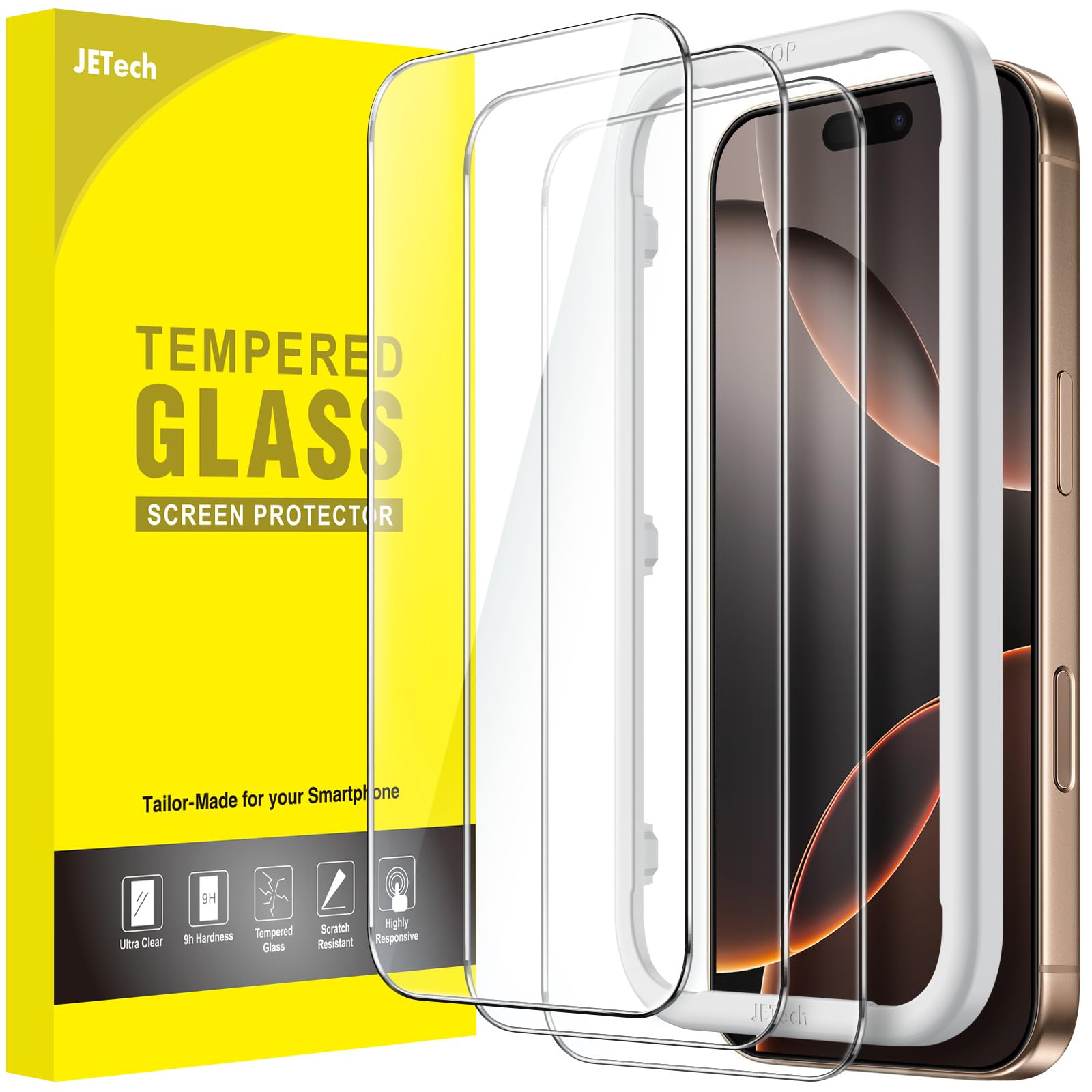 JETech Screen Protector for iPhone, Tempered Glass Film with Easy Installation Tool, Case-Friendly, HD Clear, 3-Pack