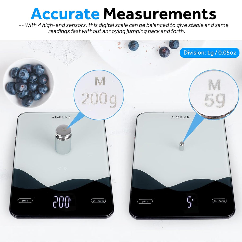 Chargeable Digital Kitchen Food Scale - AIMILAR LED Display 22lb Food Weight Scales for Baking Cooking USB-C Rechargeable Ounces and Grams 1g/0.1oz Tempered Glass