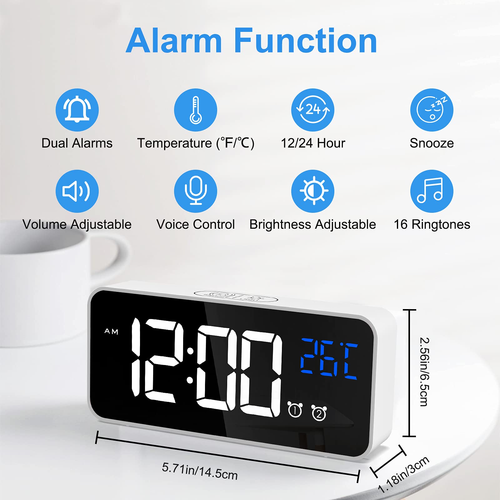 CHEREEKI Alarm Clock, Digital Clock with Temperature Display, Snooze, USB Powered Rechargeable Clock with Dual Alarms for Bedroom, Bedside, Office& Travel