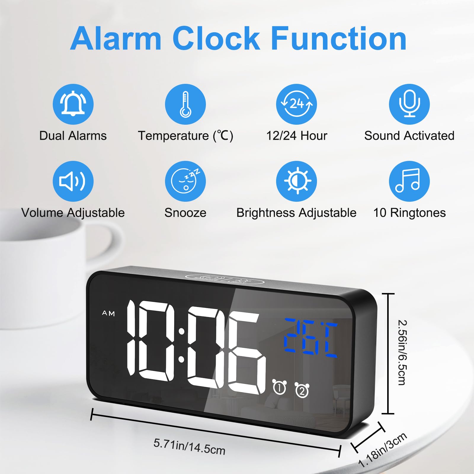 CHEREEKI Alarm Clock, Digital Clock with Temperature Display, Snooze, USB Powered Rechargeable Clock with Dual Alarms for Bedroom, Bedside, Office& Travel