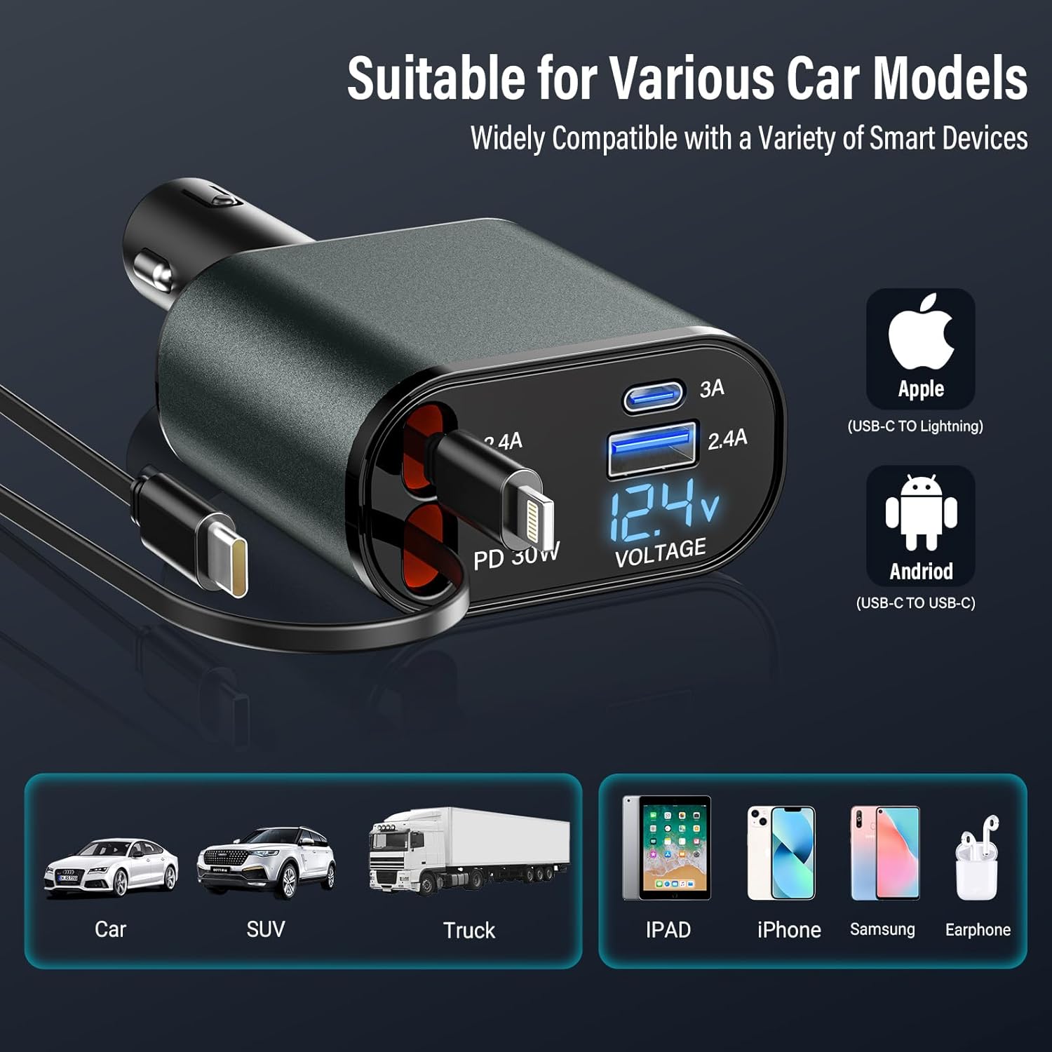 69W Fast Car Charger with Retractable Cables – 4-Port USB-C & Lightning