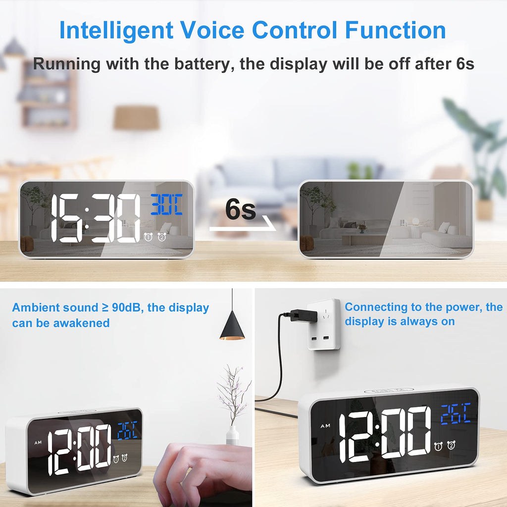 CHEREEKI Alarm Clock, Digital Clock with Temperature Display, Snooze, USB Powered Rechargeable Clock with Dual Alarms for Bedroom, Bedside, Office& Travel