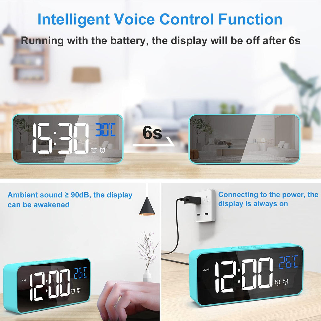 CHEREEKI Alarm Clock, Digital Clock with Temperature Display, Snooze, USB Powered Rechargeable Clock with Dual Alarms for Bedroom, Bedside, Office& Travel