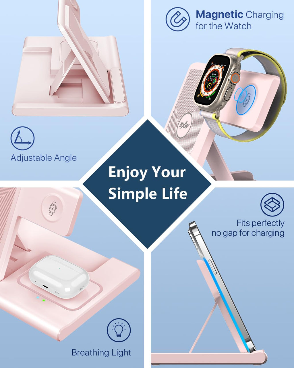 Charging Station,EXW 3 in 1 Wireless Charging Station for iPhone 17/16/15/14/13/12/11/XR/X/8,Fast Wireless Charging Stand for Airpods Pro/3/2 and Apple Watch（No Plug Included)