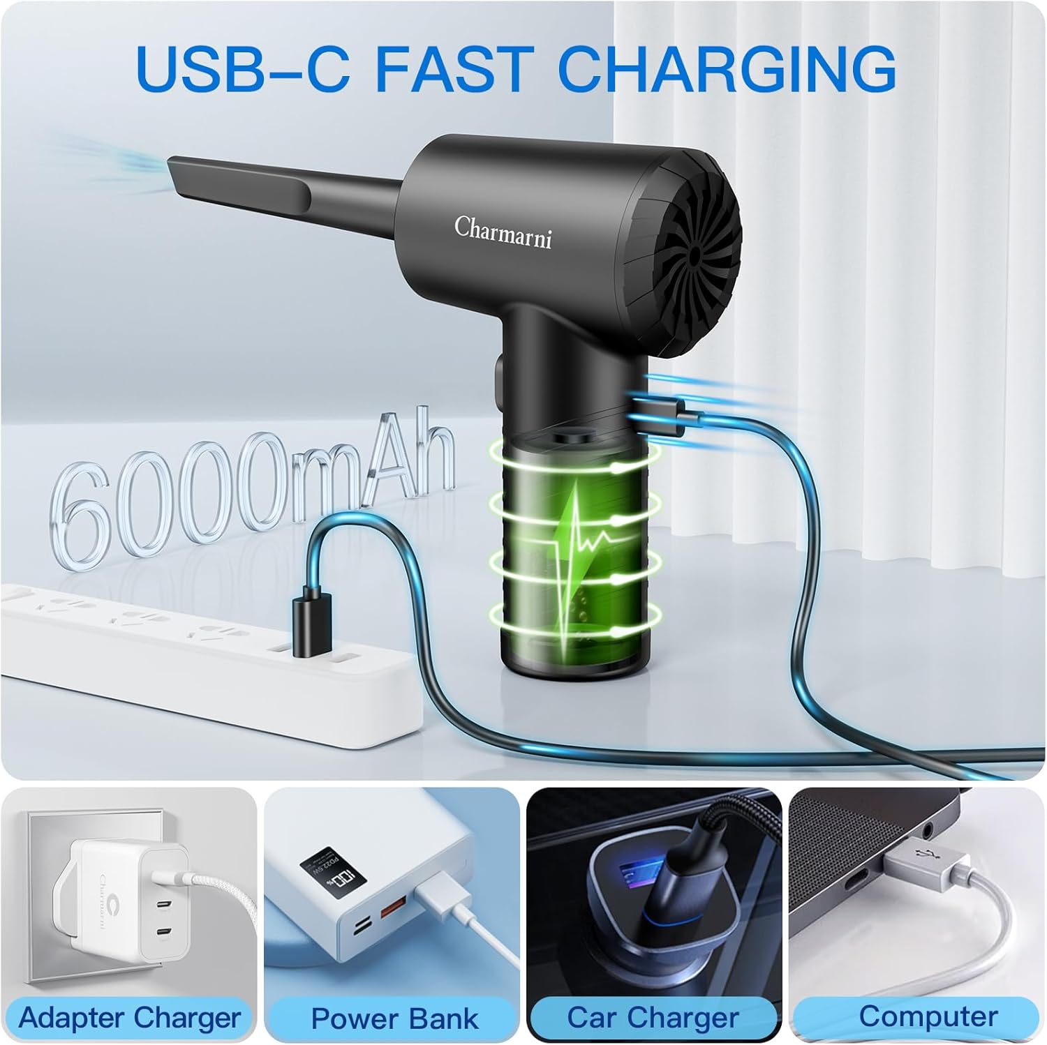 Electric Air Duster, 3 Gear Adjustable 51000RPM With LED Light, Cordless Blower for Laptop, Keyboard, Electronics, Replaces Compressed Air Can