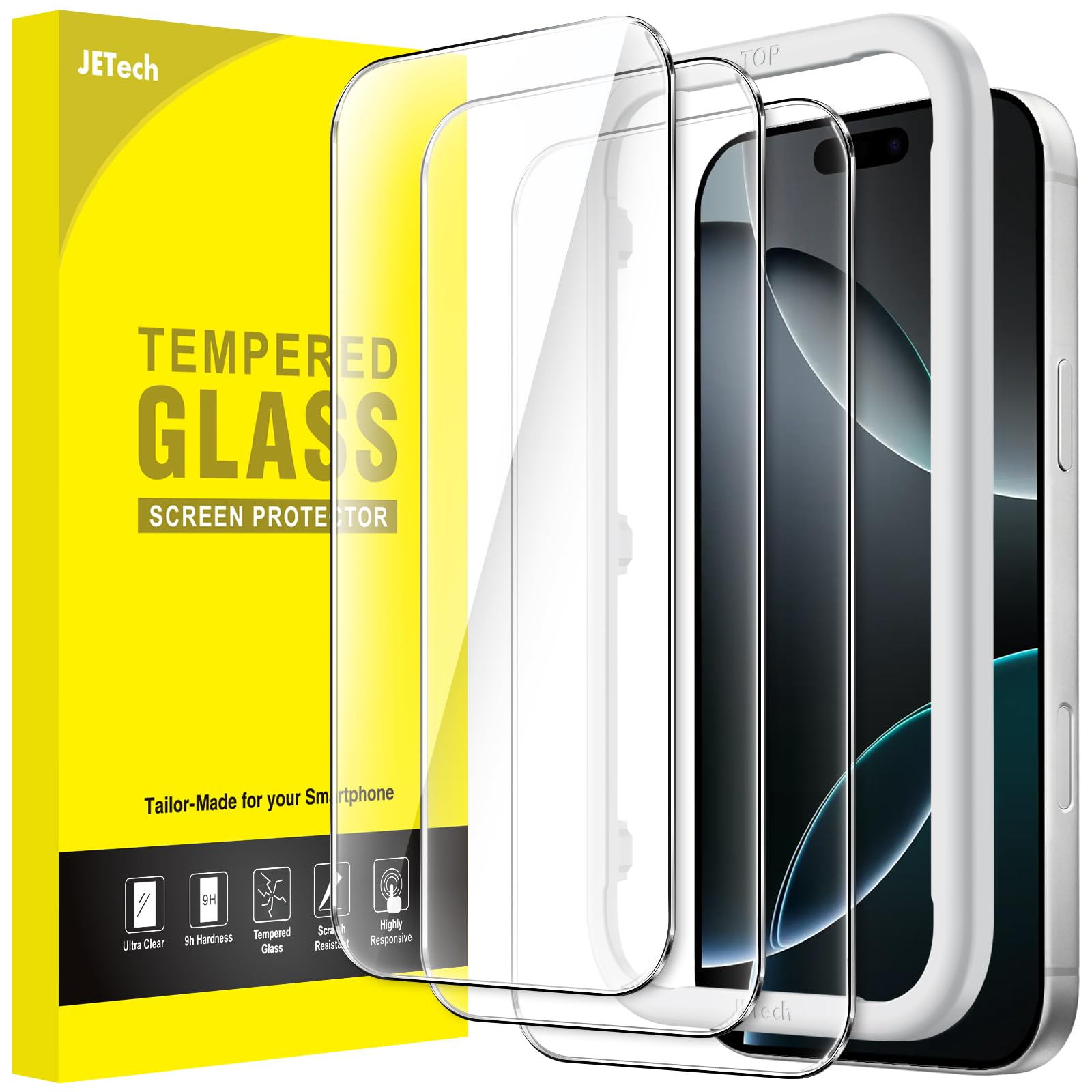 JETech Screen Protector for iPhone, Tempered Glass Film with Easy Installation Tool, Case-Friendly, HD Clear, 3-Pack