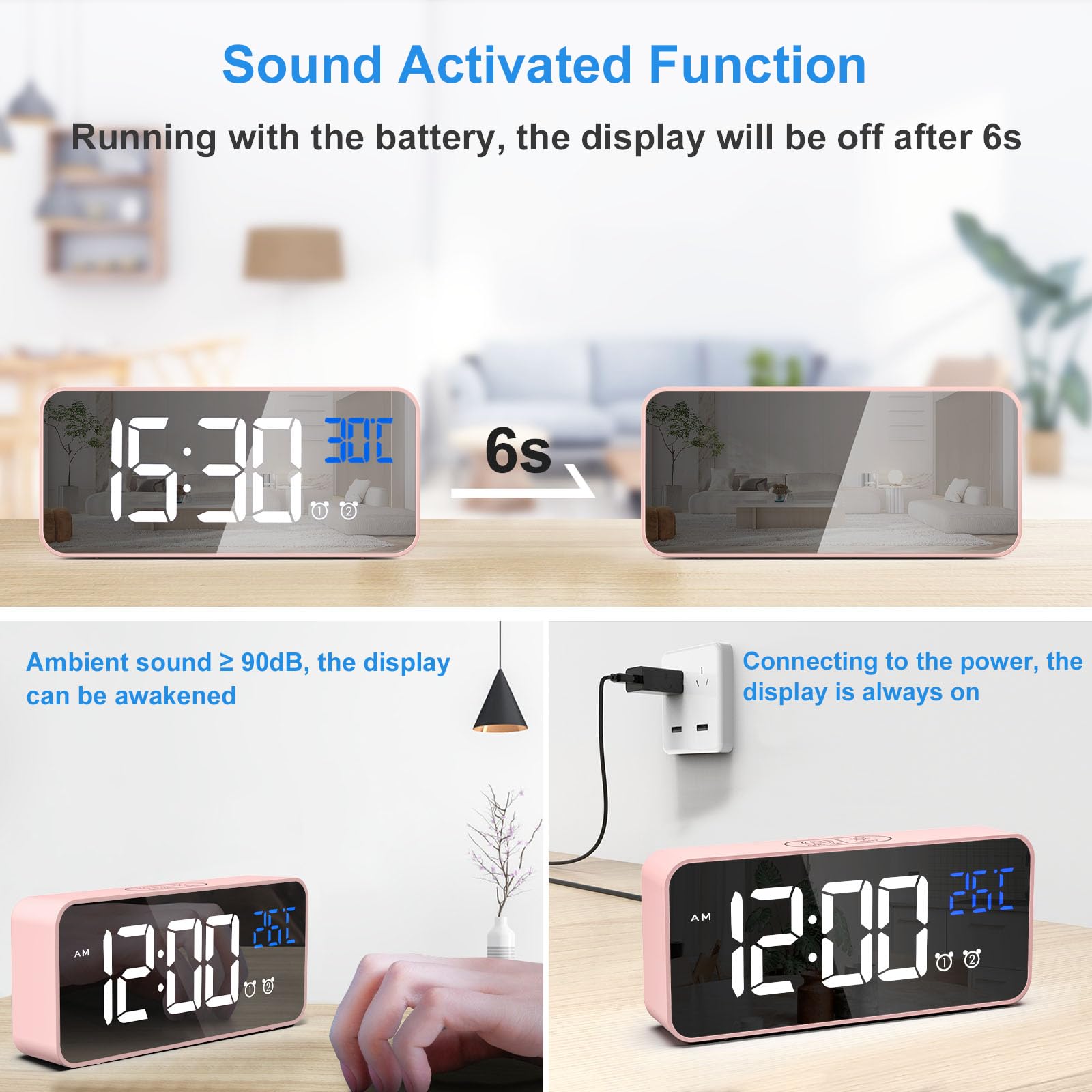 CHEREEKI Alarm Clock, Digital Clock with Temperature Display, Snooze, USB Powered Rechargeable Clock with Dual Alarms for Bedroom, Bedside, Office& Travel