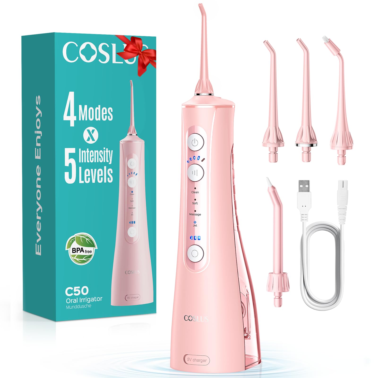 COSLUS Water Flosser for Teeth Cordless: 4 Modes & 20 Levels - Portable Irrigador Dental for Health - Conscious Sensitive Users Gums - Travel Home Use with 4 Jet Tips