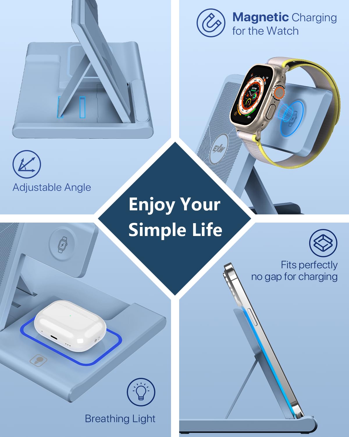 Charging Station,EXW 3 in 1 Wireless Charging Station for iPhone 17/16/15/14/13/12/11/XR/X/8,Fast Wireless Charging Stand for Airpods Pro/3/2 and Apple Watch（No Plug Included)
