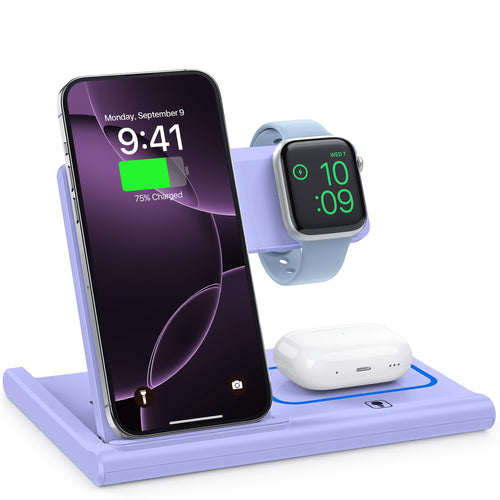 Charging Station,EXW 3 in 1 Wireless Charging Station for iPhone 17/16/15/14/13/12/11/XR/X/8,Fast Wireless Charging Stand for Airpods Pro/3/2 and Apple Watch（No Plug Included)