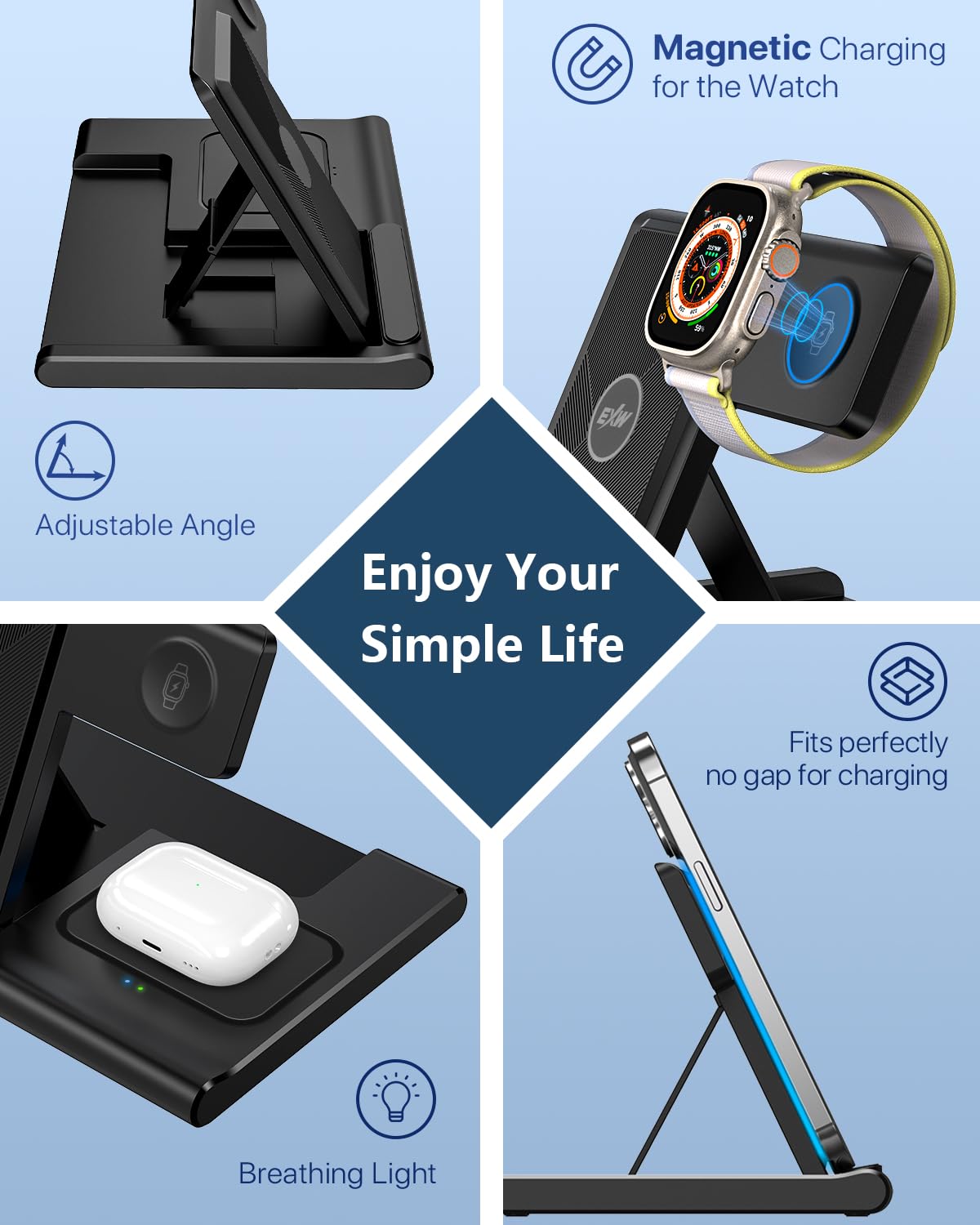 Charging Station,EXW 3 in 1 Wireless Charging Station for iPhone 17/16/15/14/13/12/11/XR/X/8,Fast Wireless Charging Stand for Airpods Pro/3/2 and Apple Watch（No Plug Included)