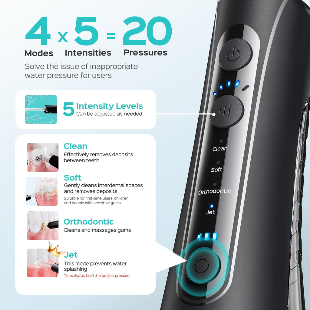 Cordless Water Flosser with 20 Pressure Levels & 4 Nozzle Tips