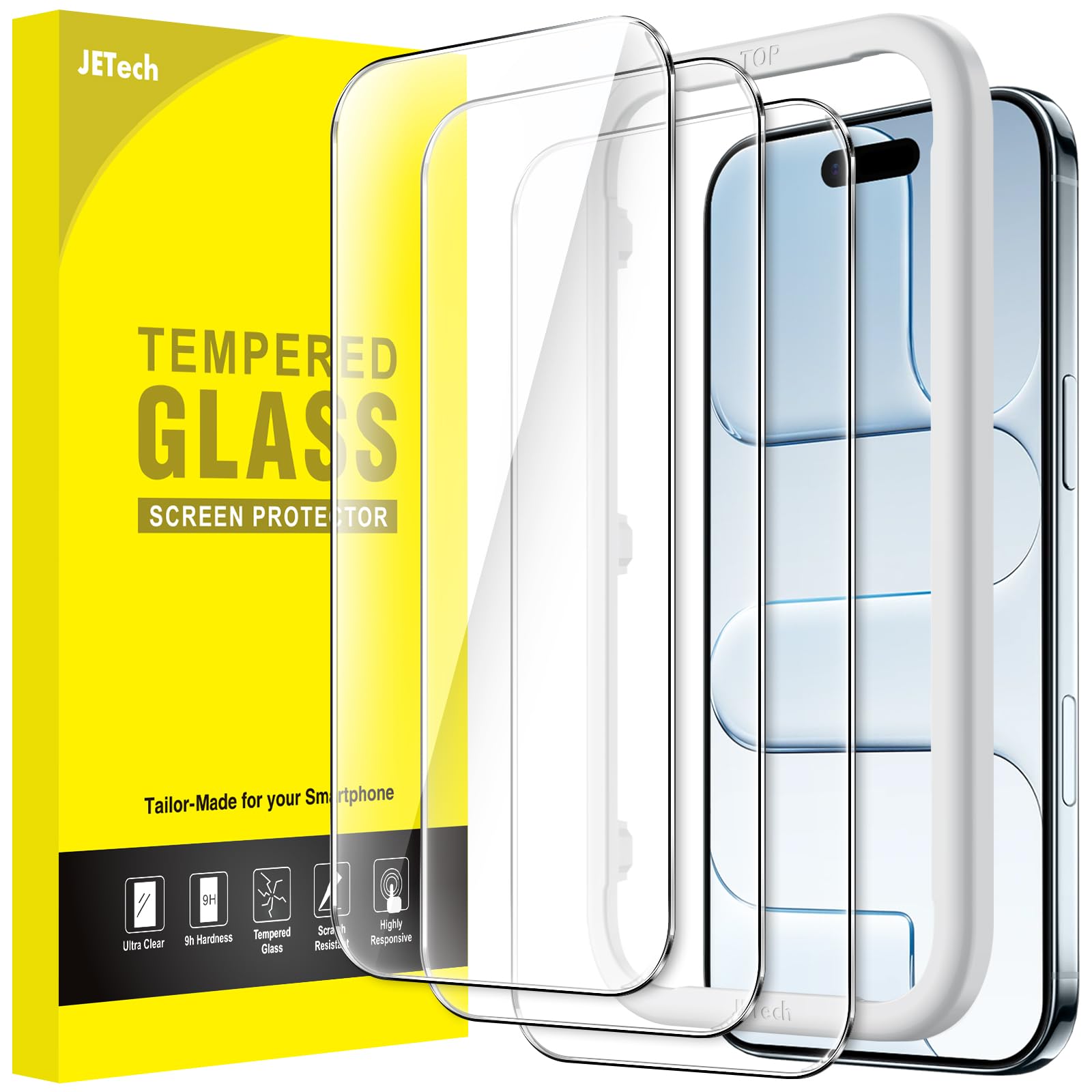 JETech Screen Protector for iPhone, Tempered Glass Film with Easy Installation Tool, Case-Friendly, HD Clear, 3-Pack