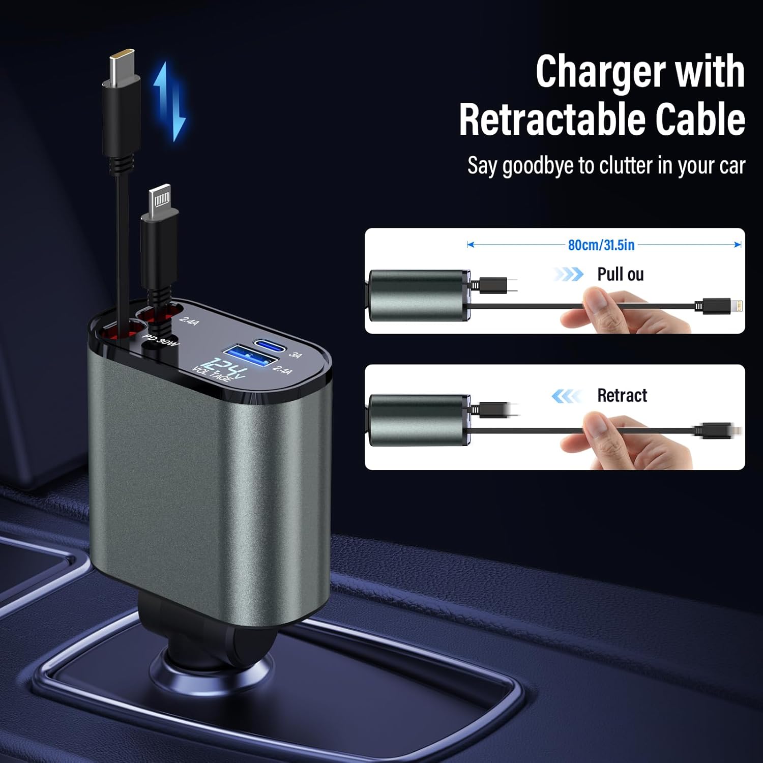 Brenth 69W Super Fast Car Phone Charger Adapter with Type-C & Lightning Retractable Cables, 4 in 1 USB C Car Charger Smart Charging Protection Voltage Display, Car Accessories for iPhone, Android