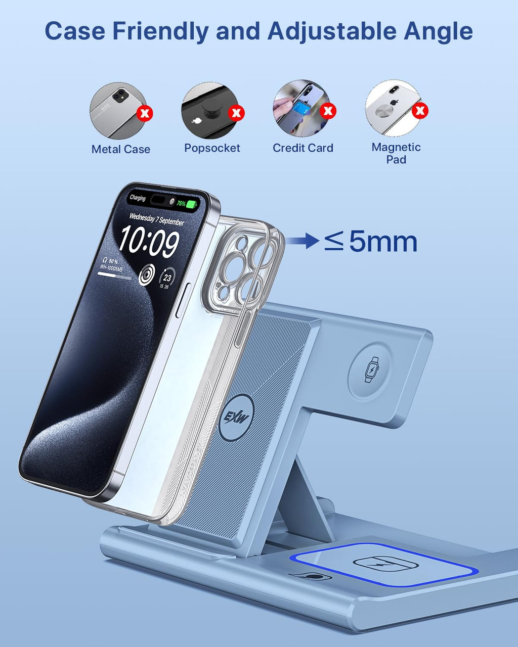 Charging Station,EXW 3 in 1 Wireless Charging Station for iPhone 17/16/15/14/13/12/11/XR/X/8,Fast Wireless Charging Stand for Airpods Pro/3/2 and Apple Watch（No Plug Included)