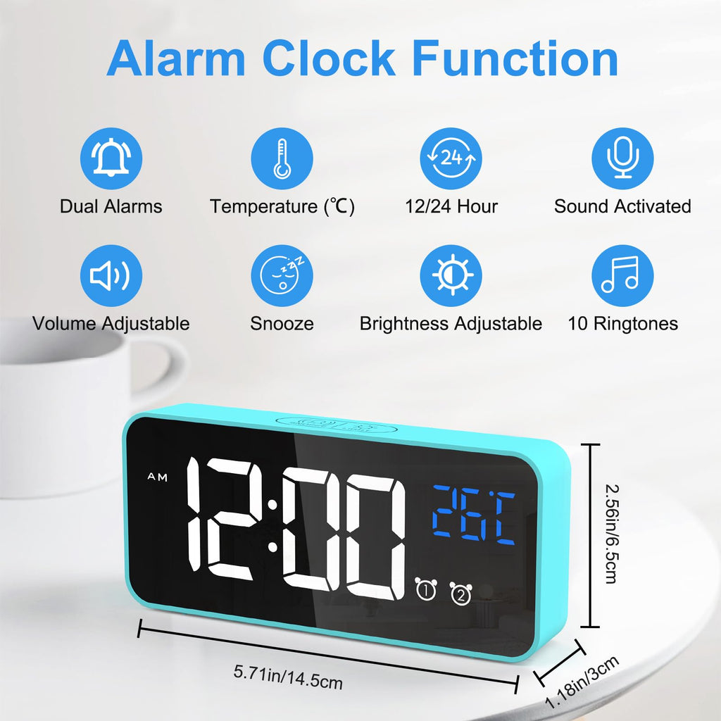 CHEREEKI Alarm Clock, Digital Clock with Temperature Display, Snooze, USB Powered Rechargeable Clock with Dual Alarms for Bedroom, Bedside, Office& Travel