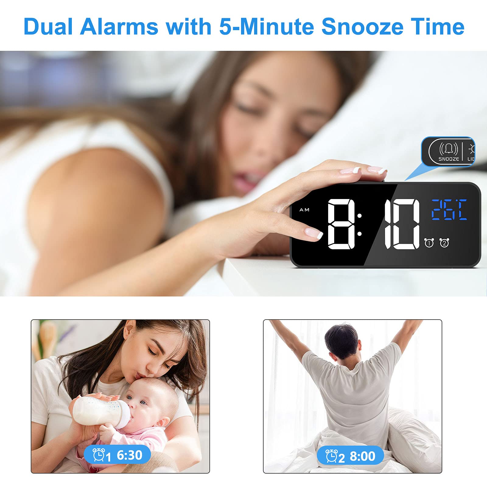 CHEREEKI Alarm Clock, Digital Clock with Temperature Display, Snooze, USB Powered Rechargeable Clock with Dual Alarms for Bedroom, Bedside, Office& Travel